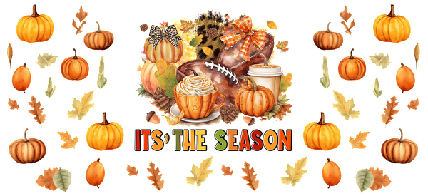 Celebrate the fall season with cozy drinks, pumpkins, and vibrant leaves in this festive autumn-themed illustration!UV Transfers dtf transfers