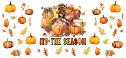 Celebrate the fall season with cozy drinks, pumpkins, and vibrant leaves in this festive autumn-themed illustration!UV Transfers dtf transfers