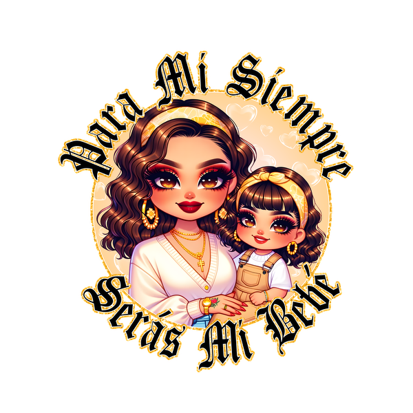 A vibrant illustration featuring a stylish mother and daughter duo, accompanied by the heartfelt text "Para Mi Siempre Serás Mi Bébé."dtf regular iron