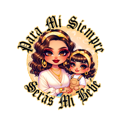 A vibrant illustration featuring a stylish mother and daughter duo, accompanied by the heartfelt text "Para Mi Siempre Serás Mi Bébé."dtf regular iron