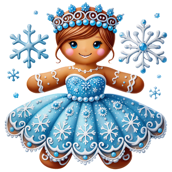 A charming gingerbread girl in a sparkling blue dress adorned with snowflakes, complete with a festive crown and cheerful expression.DTF Transfers dtf transfers