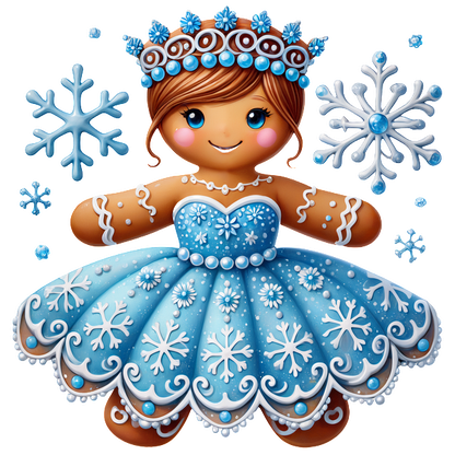 A charming gingerbread girl in a sparkling blue dress adorned with snowflakes, complete with a festive crown and cheerful expression.DTF Transfers dtf transfers