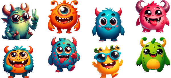 A vibrant collection of cute, cartoonish monsters in various colors, all featuring oversized eyes and playful expressions.UV Transfersdtf regular iron