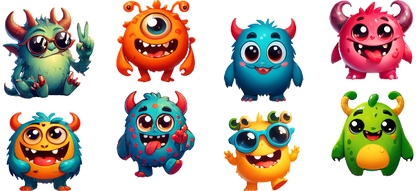 A vibrant collection of cute, cartoonish monsters in various colors, all featuring oversized eyes and playful expressions.UV Transfersdtf regular iron