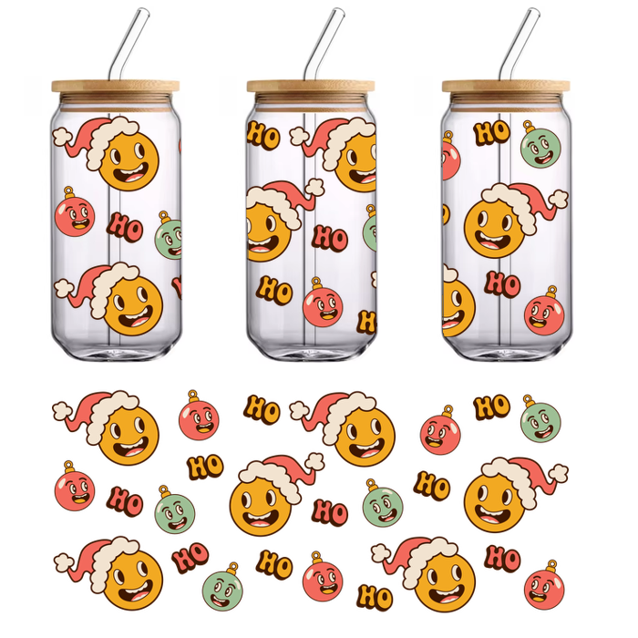 A festive pattern featuring cheerful yellow smiley faces in Santa hats, whimsical ornaments, and playful "HO" accents perfect for holiday cheer!UV Transfersdtf regular iron