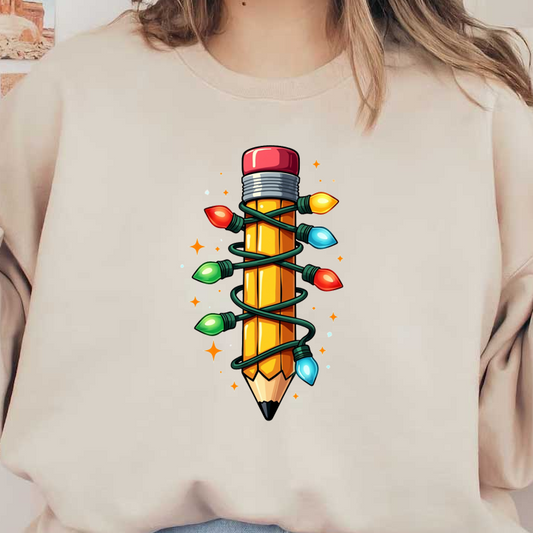 A playful yellow pencil is wrapped in colorful Christmas lights, adding a festive touch to a classic school supply!DTF Transfers
