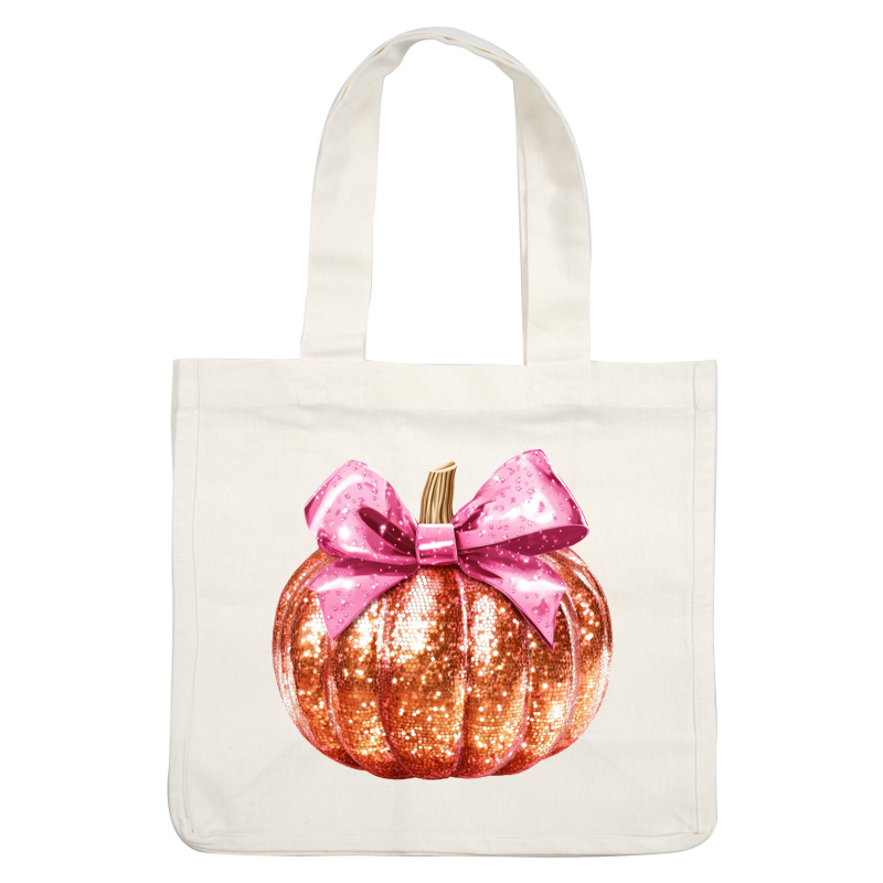 Una calabaza glamorosa y brillante adornada con un lazo rosa vibrante, perfecta para agregar un toque festivo a cualquier decoración.