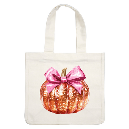 Una calabaza glamorosa y brillante adornada con un lazo rosa vibrante, perfecta para agregar un toque festivo a cualquier decoración.