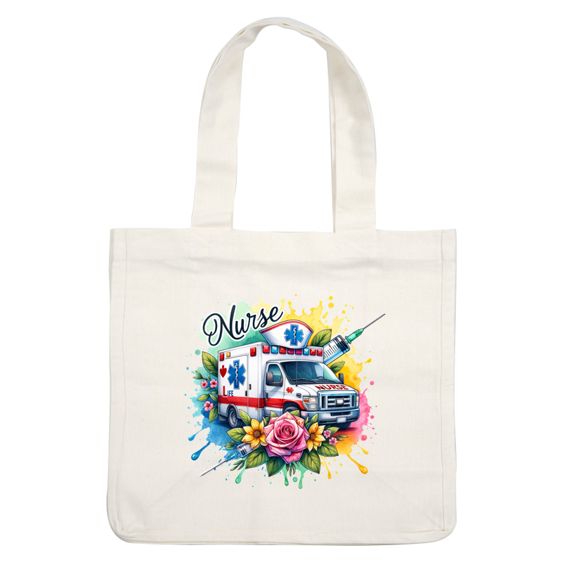 A vibrant, artistic tribute to nurses featuring an ambulance surrounded by colorful flowers and medical symbols, celebrating their vital role.DTF Transfers