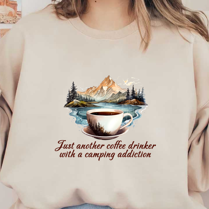 Una acogedora ilustración de una taza de café con un sereno telón de fondo de una montaña y un lago, perfecta para los entusiastas de la acampada.