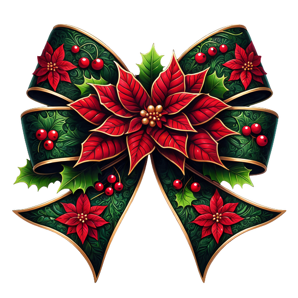 Festively adorned, this vibrant Christmas bow features red poinsettias and holly leaves, perfect for holiday gift wrapping. dtf transfers