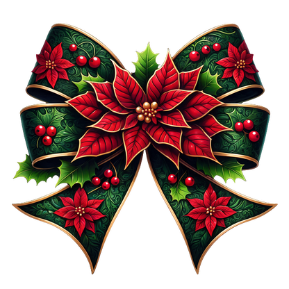 Festively adorned, this vibrant Christmas bow features red poinsettias and holly leaves, perfect for holiday gift wrapping. dtf transfers