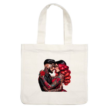 A striking couple embraces, showcasing vibrant tattoos adorned with roses, highlighting their artistic styles and passionate connection.DTF Transfers dtf transfers