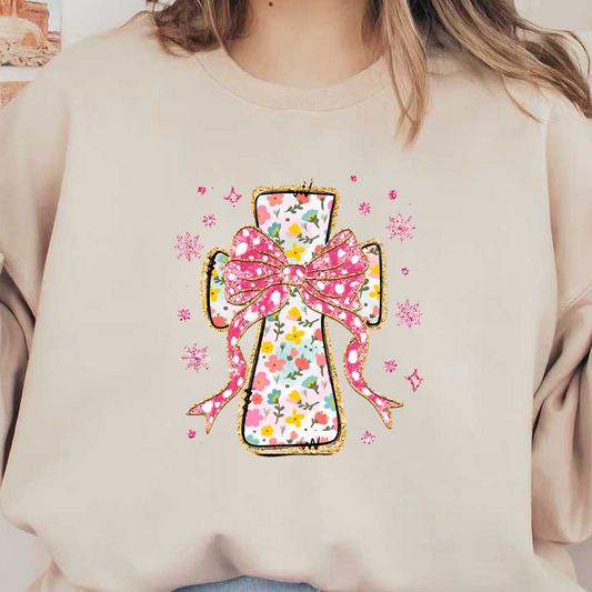 A whimsical flower-patterned cross adorned with a large pink polka-dot bow, surrounded by sparkling accents for a festive touch.DTF Transfersdtf regular iron