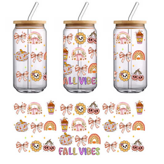 A cheerful collection of fall-themed illustrations featuring pumpkins, rainbows, bows, and cute cups, highlighted by the text "FALL VIBES."UV Transfers heat press transfers