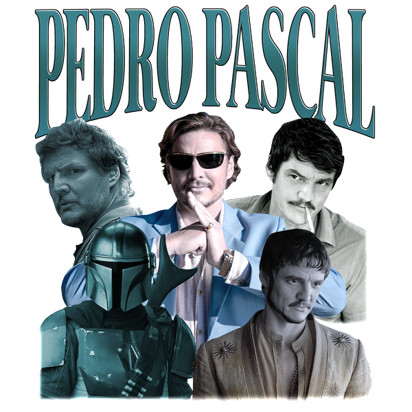 A vibrant collage featuring various characters and styles, celebrating the versatile actor Pedro Pascal in multiple iconic roles.DTF Transfers heat press transfers