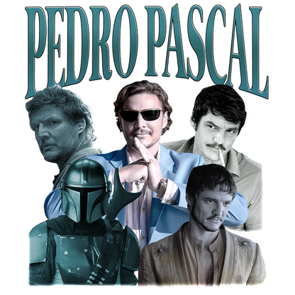 A vibrant collage featuring various characters and styles, celebrating the versatile actor Pedro Pascal in multiple iconic roles.DTF Transfers heat press transfers