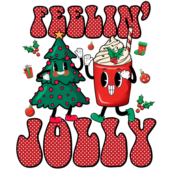 A fun and festive graphic featuring a cheerful Christmas tree and a smiling holiday drink, topped with whipped cream and decorations. dtf transfers