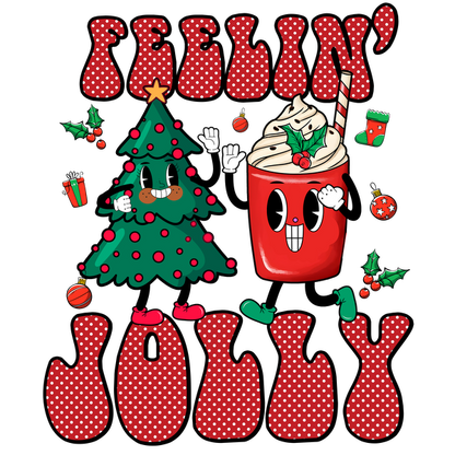 A fun and festive graphic featuring a cheerful Christmas tree and a smiling holiday drink, topped with whipped cream and decorations. dtf transfers