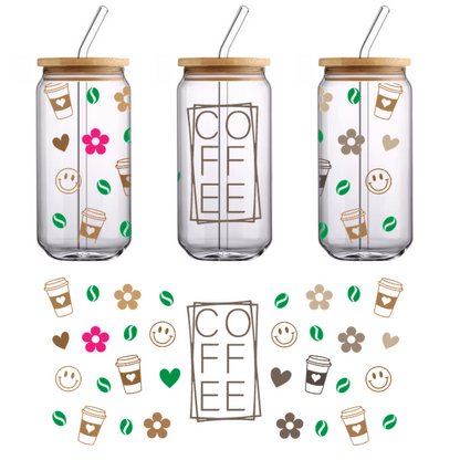 A fun and colorful coffee-themed design featuring cups, hearts, flowers, and coffee beans, celebrating the love for coffee!UV Transfersdtf regular iron