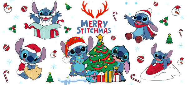 Celebrate the holiday season with this cheerful "Merry Stitchmas" artwork featuring Stitch in festive scenes with gifts, a Christmas tree, and winter fun!UV Transfers dtf transfers