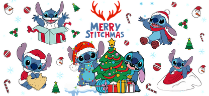 Celebrate the holiday season with this cheerful "Merry Stitchmas" artwork featuring Stitch in festive scenes with gifts, a Christmas tree, and winter fun!UV Transfers dtf transfers