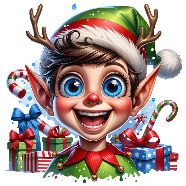 A cheerful elf boy with bright blue eyes, antlers, and a festive outfit is surrounded by colorful presents and candy canes.DTF Transfers dtf prints