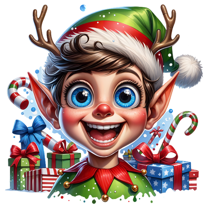 A cheerful elf boy with bright blue eyes, antlers, and a festive outfit is surrounded by colorful presents and candy canes.DTF Transfers dtf prints