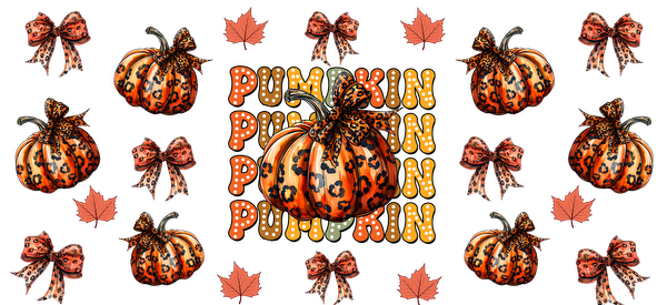 A vibrant autumn-themed design featuring leopard print pumpkins, decorative bows, and the word "PUMPKIN" in playful, bold letters.UV Transfers heat press transfers