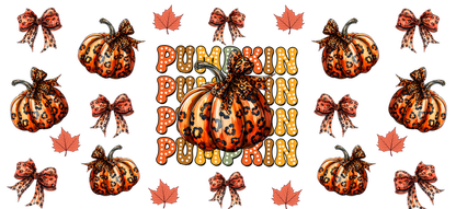 A vibrant autumn-themed design featuring leopard print pumpkins, decorative bows, and the word "PUMPKIN" in playful, bold letters.UV Transfers heat press transfers