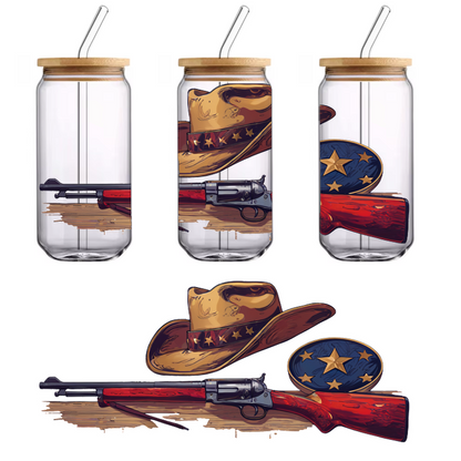 A vintage cowboy hat and a blue star-patterned badge accompany a classic red and silver rifle, evoking a Wild West theme.UV Transfersdtf regular iron