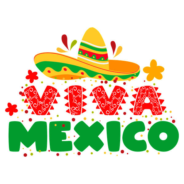 Una ilustración vibrante y colorida que presenta un sombrero y las palabras "Viva México" en letras divertidas y festivas.