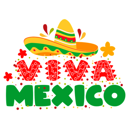 Una ilustración vibrante y colorida que presenta un sombrero y las palabras "Viva México" en letras divertidas y festivas.