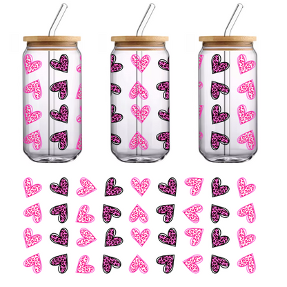 A vibrant pattern featuring pink hearts with leopard print accents against a black background, perfect for adding a playful touch.UV Transfers heat press transfers