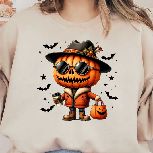 Un elegante personaje de calabaza con gafas de sol, un sombrero y una chaqueta naranja, sosteniendo una taza de café y una bolsa con temática de calabaza.