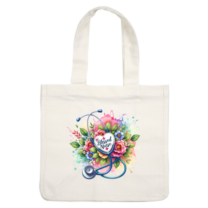 A vibrant watercolor design featuring a stethoscope entwined with colorful flowers, highlighting the phrase "Blessed Nurse."DTF Transfers