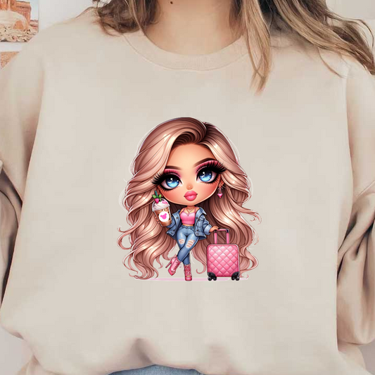 A stylish cartoon girl with long blond hair holds a drink, dressed in a denim outfit, and pulling a pink suitcase. heat press transfers