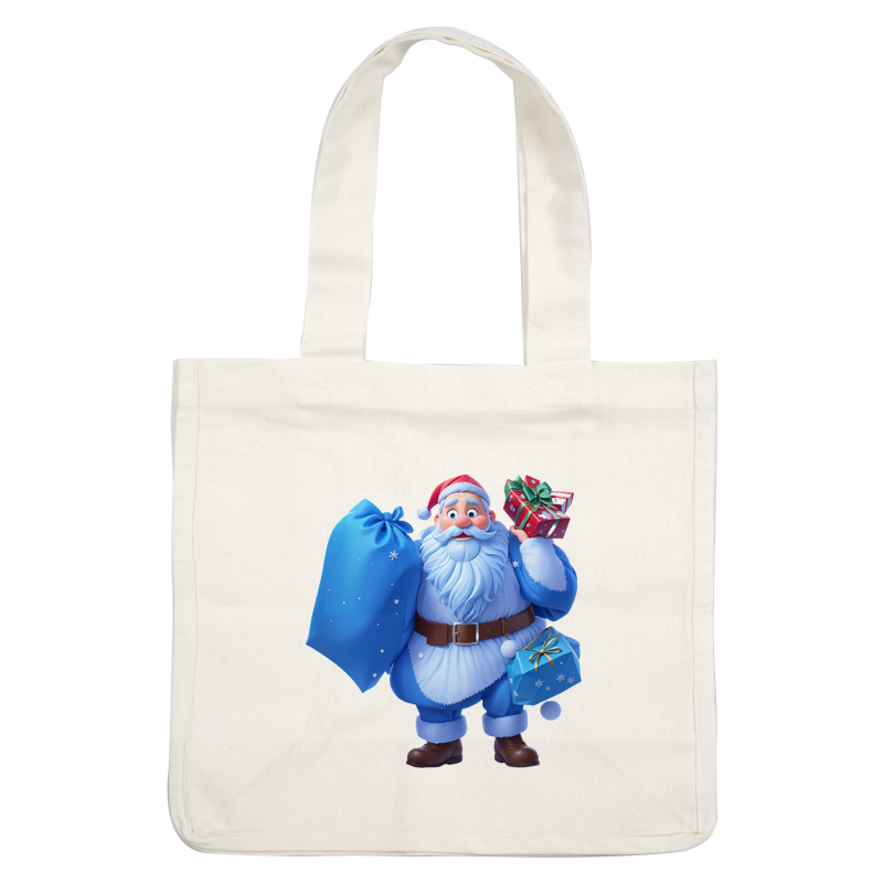 A cheerful, cartoon-style Santa Claus in a blue outfit holds a bag and colorful wrapped gifts, spreading festive joy.DTF Transfers heat press transfers