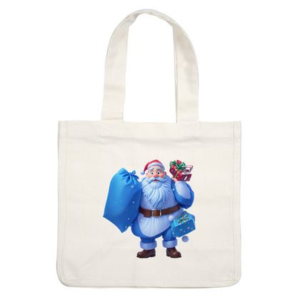 A cheerful, cartoon-style Santa Claus in a blue outfit holds a bag and colorful wrapped gifts, spreading festive joy.DTF Transfers heat press transfers