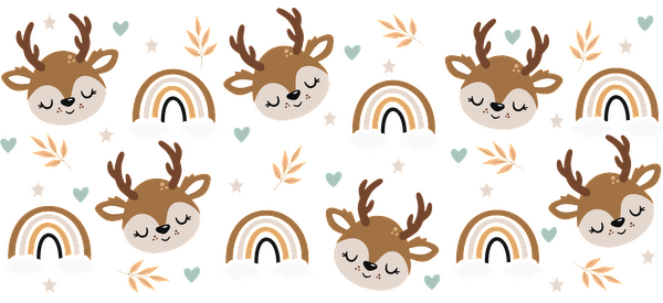 A whimsical pattern featuring cute deer faces, rainbows, and autumn leaves, perfect for playful and cozy designs.UV Transfers dtf prints