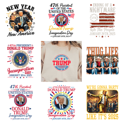 T-shirts with Trump inauguration day designs and a "Thug Life" shirt.DTF Transfers