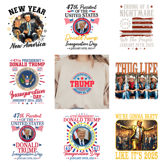 T-shirts with Trump inauguration day designs and a "Thug Life" shirt.DTF Transfers