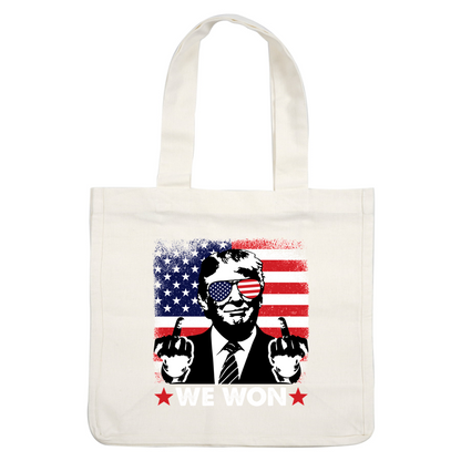A bold graphic featuring a figure with American flag sunglasses, giving a rebellious gesture against a patriotic background, captioned "WE WON".DTF Transfersdtf regular irondtf regular iron