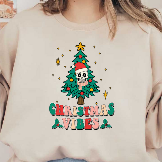 A playful illustration featuring a Christmas tree with a skull wearing a Santa hat, highlighted by colorful ornaments and festive text.dtf regular iron