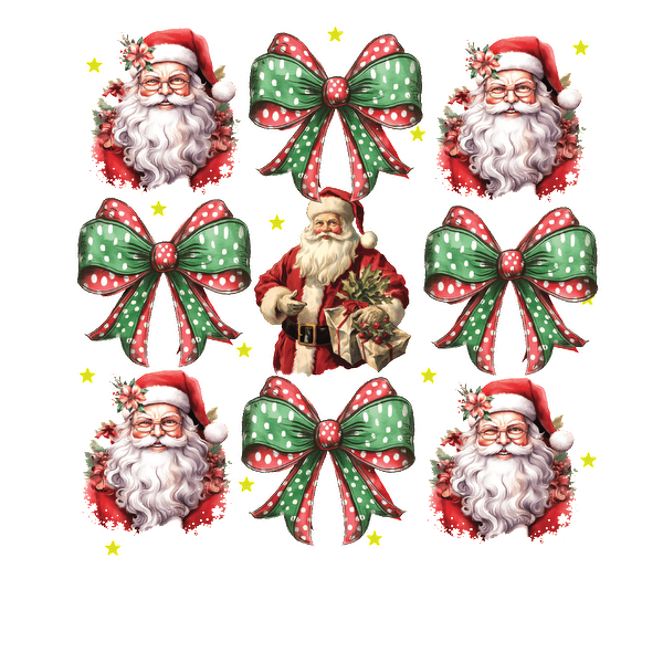 A festive collage featuring cheerful Santa Clauses and vibrant red and green bows, perfect for Christmas decorations. heat press transfers