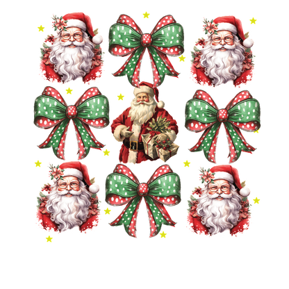 A festive collage featuring cheerful Santa Clauses and vibrant red and green bows, perfect for Christmas decorations. heat press transfers