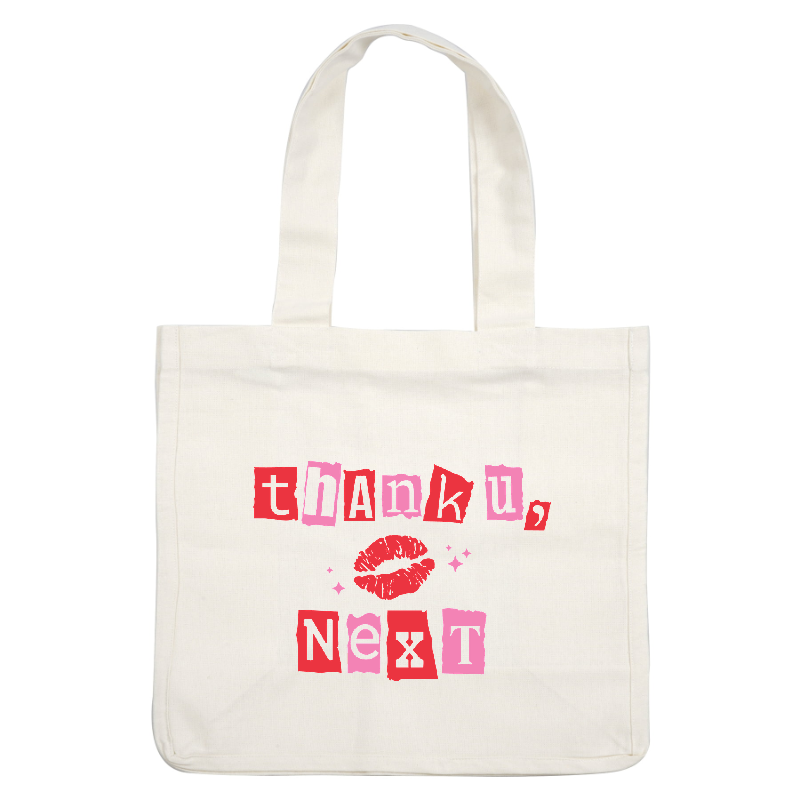 A vibrant graphic featuring the playful phrase “Thank U, Next” adorned with heart and kiss graphics in pink and red colors.DTF Transfers