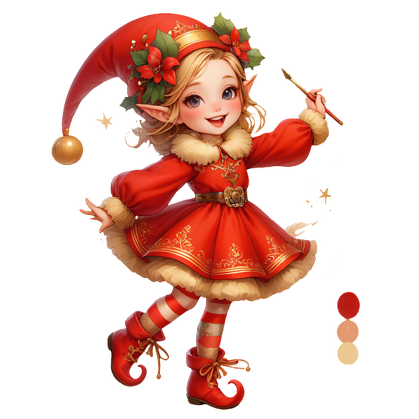 A cheerful elf girl in a festive red dress adorned with gold accents, complete with a whimsical hat and striped stockings.DTF Transfers dtf prints