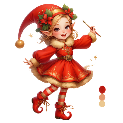 A cheerful elf girl in a festive red dress adorned with gold accents, complete with a whimsical hat and striped stockings.DTF Transfers dtf prints