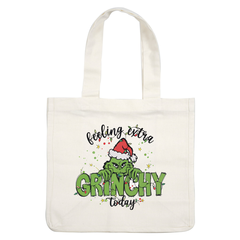 A playful holiday graphic featuring the Grinch in a Santa hat, accompanied by festive text that reads "Feeling Extra Grinchy Today."DTF Transfersdtf regular iron